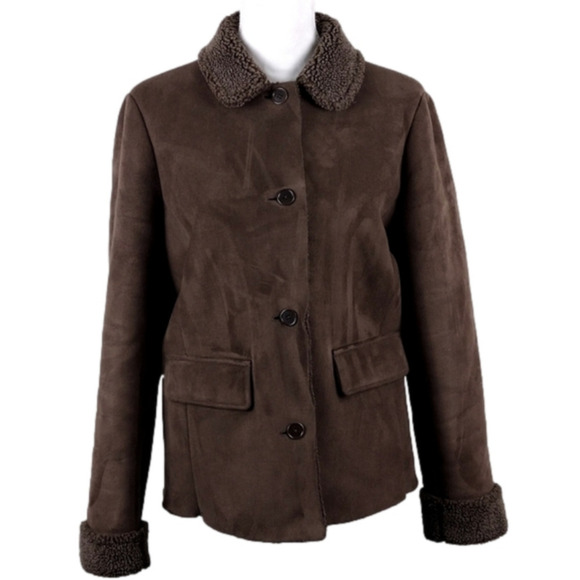 Lands' End Brown Faux Suede Leather Collared Button Up Long Sleeve Winter Coat - Picture 1 of 13